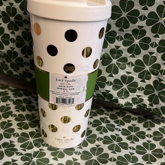 NWT Kate Spade 16oz travel mug Tumbler gold polka dots - Picture 3 of 5